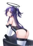  1girl artist_name ass backless_leotard black_leotard blue_archive blue_eyes breasts closed_mouth elbow_gloves from_side gloves hair_ornament halo jurrig large_breasts leaning_forward leotard long_hair looking_at_viewer one_side_up patreon_username purple_hair solo thighhighs v-shaped_eyebrows white_gloves white_thighhighs yuuka_(blue_archive) 