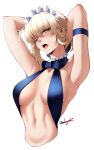  1girl armband armpits arms_behind_head artist_name artoria_pendragon_(alter_swimsuit_rider)_(fate) artoria_pendragon_(fate) blue_bow blush bow braid breasts breasts_apart cropped_torso english_commentary fate/grand_order fate_(series) french_braid hair_bow highres looking_at_viewer medium_breasts navel one_eye_closed slingshot_swimsuit solo swimsuit yellow_eyes zealyush 