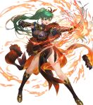  1girl arrow_(symbol) bangs bow_(weapon) breasts earrings fingerless_gloves fire_emblem fire_emblem:_the_blazing_blade fire_emblem_heroes fur_trim gloves gold_trim green_eyes green_hair hair_ornament high_ponytail highres jewelry kakage long_hair lyn_(brave_lady)_(fire_emblem) lyn_(brave_lady)_(resplendent)_(fire_emblem) lyn_(fire_emblem) non-web_source official_art ponytail quiver short_sleeves solo transparent_background weapon 