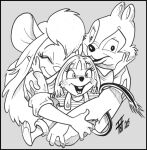  2005 anthro chip_&#039;n_dale_rescue_rangers chip_(disney) chipmunk chris_fischer clothed clothing disney embrace eyes_closed female fur gadget_hackwrench greyscale ground_squirrel group hair hug hybrid long_hair male mammal monochrome mouse murid murine open_mouth rodent sciurid tail trio young 