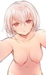  1girl akira_(otokuyou) bad_id bad_twitter_id blurry breasts collarbone cowboy_shot depth_of_field from_below large_breasts looking_at_viewer nipples nude open_mouth original otokuyou outstretched_arms red_eyes short_hair sidelocks simple_background sketch solo white_background white_hair 