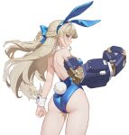  1girl absurdres animal_ears ass blonde_hair blue_archive blue_eyes blue_leotard braid breasts closed_mouth cowboy_shot ear_piercing fake_animal_ears fake_tail highres leotard long_hair mechanical_arms medium_breasts official_alternate_costume piercing pool_(lautomaton) rabbit_ears rabbit_tail simple_background single_mechanical_arm solo strapless strapless_leotard tail toki_(blue_archive) toki_(bunny)_(blue_archive) white_background wrist_cuffs 