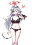  1girl absurdres black_wings blue_archive breasts cleavage demon_girl demon_tail demon_wings eyewear_on_head grey_hair halo haruna_(blue_archive) heart highres large_breasts red_eyes simple_background solo sunglasses swimsuit tail thighs white_background wings yukki_bunny 