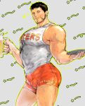  1boy bara black_hair chris_redfield closed_mouth cup facial_hair highres holding holding_cup holding_plate kuconoms large_pectorals male_focus muscular muscular_male one_eye_closed orange_shorts pectorals plate resident_evil resident_evil_6 shirt short_hair shorts smile solo white_shirt 