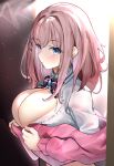  1girl absurdres blue_eyes bow breasts brown_hair cleavage enishi96 hair_ornament hairclip highres large_breasts looking_at_viewer looking_to_the_side medium_hair nijisanji parted_lips partially_unbuttoned solo suzuhara_lulu undressing upper_body virtual_youtuber x_hair_ornament 