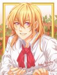  1boy absurdres blonde_hair eiyuu_densetsu english_text flower happy_birthday highres long_hair looking_at_viewer olivert_reise_arnor portrait purple_eyes red_flower red_rose rose sen_no_kiseki shirt smile solo sora_no_kiseki upper_body yuzukiyo 