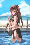  1girl absurdres beach bikini bikini_bottom_removed bikini_top_only black_bikini black_shirt blue_sky blush bottomless breasts brown_eyes brown_hair clothes_around_waist cloud cloudy_sky covered_nipples cowboy_shot crossed_bangs day food_in_mouth from_side girls&#039;_frontline glint hair_between_eyes halterneck hand_up highres holding_popsicle hoppo long_hair melting o3o outdoors pool_ladder poolside scar scar_across_eye shirt shirt_around_waist sky small_breasts swimsuit thighs twintails ump45_(girls&#039;_frontline) underboob wading water 