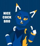  ambiguous_gender android anthro domestic_cat e621 esix fangs felid feline felis gesture hexagon looking_at_viewer machine mammal mascot meme nice_cock_bro orange_eyes redcrystal robot simple_background smile smiling_at_viewer solo teeth text thumbs_up 