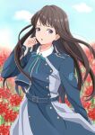  1girl absurdres black_hair blue_dress blue_ribbon blue_sky cloud cloudy_sky collared_dress commentary cowboy_shot day dress field flower flower_field grey_dress highres inoue_takina long_hair long_sleeves looking_at_viewer lycoris_recoil lycoris_uniform neck_ribbon outdoors pleated_dress purple_eyes red_flower ribbon sky solo spider_lily standing tenma_no_atelier two-tone_dress wind 