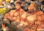  2boys arsalan_(housamo) bara black_hair brown_fur brown_hair closed_eyes closed_mouth facial_hair furry furry_male furry_with_non-furry halo interspecies large_pectorals lion_boy looking_at_another male_focus multiple_boys muscular muscular_male nipples open_mouth partially_submerged pectorals short_hair smile tokyo_afterschool_summoners towel towel_on_head wafu_(youzora_samo18) water wet zabaniyya_(housamo) 