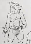  2023 4_fingers anthro black_and_white clothing fingers hi_res line_art male monochrome nameless00 sergal simple_background solo standing underwear white_background 