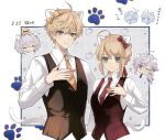  2boys 2girls ahoge animal_ears arthur_pendragon_(fate) artoria_pendragon_(fate) blonde_hair blue_necktie border bow braid braided_bun cat_ears cat_tail character_print character_request chibi closed_eyes dated fake_animal_ears fate/prototype fate/stay_night fate_(series) green_eyes grey_hair hair_bow hair_bun hair_ribbon hand_up hello_kitty_(character) highres merlin_(fate) multiple_boys multiple_girls necktie nigiri orange_bow orange_necktie orange_vest outside_border paw_print pink_eyes ponytail red_bow red_necktie red_ribbon red_vest ribbon saber short_hair sidelocks single_hair_bun smile tail upper_body vest 