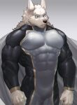  1boy arms_at_sides bara black_bodysuit bodysuit bulge covered_navel feet_out_of_frame forearms frown grey_bodysuit highres large_pectorals looking_ahead male_focus muscular muscular_male neumo original pectorals short_hair solo superhero thick_eyebrows triceps two-tone_bodysuit 