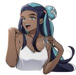  1girl :d alternate_costume black_hair collarbone commentary_request dark-skinned_female dark_skin echizen_(n_fns17) eyelashes eyeshadow green_hair hair_bun hands_up long_hair makeup nessa_(pokemon) open_mouth pokemon pokemon_(game) pokemon_swsh shirt simple_background sleeveless sleeveless_shirt smile solo teeth tongue upper_body white_background white_shirt 