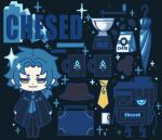  1boy :3 bag black_pants blue_coat blue_hair blue_neckerchief blue_theme character_name chesed_(project_moon) closed_mouth coat coffee coffee_beans coffee_grinder coffee_mug cup gostcat library_of_ruina lobotomy_corporation looking_at_viewer low_ponytail male_focus mug neckerchief necktie pants project_moon robot simple_background smile sparkle suitcase umbrella yellow_necktie 