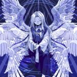  1girl angel angel_wings blue_dress blue_hair blue_theme closed_eyes collared_shirt commentary_request dress highly_responsive_to_prayers kaigen_1025 long_hair long_sleeves multiple_wings sariel_(touhou) seraph shirt smile touhou touhou_(pc-98) very_long_hair white_hair wings 