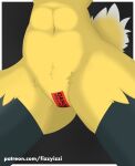  2023 absurd_res anthro butt butt_from_the_front clothing colored digital_drawing_(artwork) digital_media_(artwork) eeveelution female fizzyizzi fur generation_1_pokemon genitals hi_res jolteon legwear navel nintendo pokemon pokemon_(species) presenting presenting_pussy pubes pussy pussy_tape simple_background solo spread_legs spreading stockings tail text thick_thighs thigh_highs yellow_body yellow_fur 