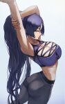  1girl alternate_costume armpits arms_up ass black_pants breasts cleavage fate/grand_order fate_(series) high_ponytail highres large_breasts long_hair looking_to_the_side minamoto_no_raikou_(fate) pants purple_eyes purple_hair purple_sports_bra sidelocks solo sports_bra stretching very_long_hair white_background yasu_(segawahiroyasu) yoga_pants 