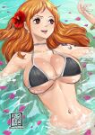  1girl afloat bare_shoulders bikini birthday black_bikini bracelet breasts choker cleavage commentary_request earrings flower hair_behind_ear hair_flower hair_ornament hand_up jewelry konohana large_breasts long_hair looking_to_the_side nami_(one_piece) navel one_piece open_mouth orange_eyes orange_hair orange_nails pearl_earrings petals red_flower shoulder_tattoo signature solo stomach string_bikini swimsuit tattoo teeth twitter_username upper_body upper_teeth_only water wet 