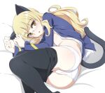  1girl animal_ears black_pantyhose blonde_hair blue_jacket cat_ears cat_tail clothes_pull feet_out_of_frame glasses jacket long_hair looking_at_viewer lying nanashino on_side panties pantyhose pantyhose_pull perrine_h._clostermann solo strike_witches tail underwear white_panties world_witches_series yellow_eyes 