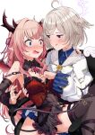  2girls :q absurdres ahoge angel angel_and_devil ardalita_lili ascot bare_shoulders black_nails black_skirt black_thighhighs blonde_hair blue_eyes blue_shirt blush breasts cerafine_mikael chain cleavage collared_shirt demon_girl demon_tail demon_wings dress_shirt eye_contact fang hair_intakes hair_ribbon halo head_wings highres horns long_hair long_sleeves looking_at_another medium_breasts miniskirt motto_notto multiple_girls nail_polish original pleated_skirt red_ascot red_eyes ribbon shirt short_hair skirt smile sweat tail thighhighs tongue tongue_out torn_ascot white_background wings 