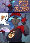  anthro anthrofied arthropod baseball_cap bracelet breasts changeling chrysalisdraws clothing comic delivery_(commerce) doorbell exclamation_point fingerless food_delivery friendship_is_magic green_eyes green_hair hair hasbro hat headgear headwear hi_res jewelry my_little_pony pizza_box pizza_delivery pizza_slice pupils queen_chrysalis_(mlp) slit_pupils spiked_bracelet spikes 