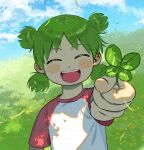  1girl :d ^_^ blue_sky blush butterpan_zz child closed_eyes cloud cloudy_sky clover day facing_viewer four-leaf_clover grass green_hair happy highres holding koiwai_yotsuba open_mouth outdoors outstretched_arm quad_tails shirt short_hair short_sleeves sky smile solo t-shirt teeth upper_body white_shirt yotsubato! 