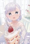  1girl aharen-san_wa_hakarenai aharen_reina bare_shoulders blue_eyes blurry blurry_background blurry_foreground cake collarbone commentary_request depth_of_field dot_nose dress earrings elbow_gloves food foreshortening fruit gloves hair_behind_ear highres holding holding_spoon incoming_food indoors jewelry light_blush light_purple_hair looking_at_viewer mizu_asato open_hand open_mouth short_hair solo spoon strapless strapless_dress strawberry table upper_body wedding_cake wedding_dress white_dress white_gloves 