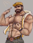  1boy abs absurdres alternate_costume arm_hair artist_name bara bare_pectorals baseball_cap beard belt brown_hair chest_hair cowboy_shot cropped_jacket facial_hair graves_(league_of_legends) hair_slicked_back hairy hat highres index_finger_raised large_pectorals league_of_legends male_focus mature_male muscular muscular_male navel navel_hair nipples pectorals second-party_source short_hair sideburns solo stomach thick_eyebrows thick_mustache vanillanena 