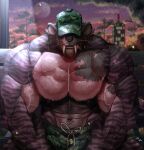  2022 abs absurd_res anthro bench biceps big_pecs black_spots bottomwear brown_hair building caek94 camo camo_bottomwear camo_clothing camo_hat camo_headgear camo_headwear camo_print camo_shorts charlie_(caek94) clothing cloud covered_eyes dated deltoids evening facial_hair felid fur goatee hair hat headgear headwear hi_res long_fangs machairodontine male mammal multicolored_body multicolored_fur muscular muscular_anthro muscular_male navel park_bench pattern_bottomwear pattern_clothing pattern_hat pattern_headgear pattern_headwear pattern_shorts pecs plant purple_body purple_fur shorts sitting solo spots street_lamp striped_body striped_fur stripes sunset tree triceps vein veiny_muscles whiskers 