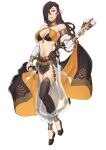  1girl absurdres black_cape black_thighhighs breasts brown_hair cape choker cleavage cosplay detached_cape detached_sleeves ebinku fire_emblem fire_emblem_fates fire_emblem_heroes hair_over_one_eye highres kagero_(fire_emblem) navel olivia_(fire_emblem) olivia_(fire_emblem)_(cosplay) olivia_(performing_arts)_(fire_emblem) orange_cape thighhighs two-tone_cape 