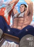  1boy abs absurdres armpit_hair armpits bara beard cherry_blossoms chest_hair facial_hair falling_petals feet_out_of_frame flag foreshortening from_below golden_kamuy hairy highres imperial_japanese_army large_pectorals long_sideburns male_focus mature_male muscular muscular_male navel navel_hair nipples pectorals perspective petals reman_kamuy short_hair sideburns solo stomach stubble tanigaki_genjirou thick_eyebrows topless_male towel towel_around_neck very_short_hair 