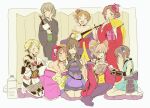  6+girls ahoge aiba_yumi bare_shoulders blonde_hair blush bottle braid breasts brown_eyes brown_hair cleavage collarbone cup earrings folding_fan furisode green_eyes green_hair hair_bun hair_ornament hair_stick hand_fan highres idolmaster idolmaster_cinderella_girls idolmaster_cinderella_girls_starlight_stage inichigaichi instrument japanese_clothes jewelry jougasaki_mika kanzashi katagiri_sanae kawashima_mizuki kimono large_breasts long_hair medium_breasts mifune_miyu multiple_girls ninja obi off_shoulder on_floor open_mouth pink_hair ponytail sake_bottle sash seiza shamisen shibuya_rin short_hair single_hair_bun sitting smile takagaki_kaede twintails wakiyama_tamami water_bottle yellow_eyes 