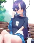  1girl aya_(lezon) bare_legs blue_archive blue_eyes blue_hair blue_jacket blue_shirt blurry blurry_background blush bottle bottle_to_cheek breasts closed_mouth day halo highres jacket lanyard light_frown looking_at_viewer mechanical_halo medium_breasts off_shoulder outdoors red_pupils shirt sitting solo t-shirt tree water_bottle wooden_bench yuuka_(blue_archive) yuuka_(track)_(blue_archive) 