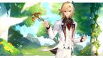  8_(e_uu88) :d black_shirt blonde_hair blue_ribbon blue_sky bush buttons cloud collared_shirt commentary_request day dress_shirt earrings feather_hair_ornament feathers flower genshin_impact grass hair_between_eyes hair_ornament hand_up highres holding holding_flower jacket jewelry kaveh_(genshin_impact) kaveh_(gigo)_(genshin_impact) lapels letterboxed long_hair long_sleeves looking_at_viewer mountain necktie official_alternate_costume open_clothes open_jacket open_mouth outdoors pants parted_bangs plant red_eyes red_flower red_necktie ribbon rock shirt sidelocks sky smile standing tie_clip tree vest vines white_jacket white_pants white_vest wing_collar yellow_flower 