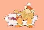  bowser claws clothing cousineggplant duo english_text facial_hair furniture head_on_lap horn human koopa luigi male mammal mario_bros mustache nintendo on_lap pillow scalie size_difference slippers sofa sweater text thought_bubble topwear 