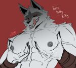  absurd_res anthro big_pecs black_sclera canid canine canis clawed_fingers claws death_(puss_in_boots) fur grey_body grey_fur hand_on_chest hand_on_pecs hi_res holding_chest licking licking_lips male mammal muscular muscular_male nipples pecs pecs_touching puss_in_boots_(film) puss_in_boots_the_last_wish red_background red_eyes simple_background solo text tongue tongue_out toodamncycle wolf 