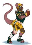  2022 absurd_res anthro armor binturongboy bottomwear broken_helmet brown_body brown_fur cleats clothing fingerless_gloves football_(object) football_gear football_helmet football_jersey football_pants football_player football_uniform footwear fur gloves green_bay_packers growth handwear headgear helmet hi_res human_to_anthro jersey male mammal mascot mouse murid murine nfl pants pheagle rodent simple_background socks solo species_transformation tail tail_growth tail_growth_in_pants tail_tuft torn_clothing transformation tuft white_background 