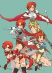  1girl armor ass breasts cape cleavage closed_mouth earrings elbow_gloves facial_mark gloves jewelry looking_at_viewer natsuki_megumi official_alternate_costume open_mouth phia_mell pointy_ears ponytail red_eyes red_hair short_hair simple_background smile solo star_ocean star_ocean_first_departure tail weapon white_gloves 