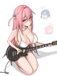  2girls absurdres bikini blue_eyes blush bocchi_the_rock! breasts cable chibi cleavage closed_mouth collarbone commentary_request cube_hair_ornament dadada_(hukutsu_bot_) electric_guitar full_body gotou_hitori guitar hair_ornament highres holding holding_instrument holding_plectrum instrument kneeling large_breasts long_hair multiple_girls plectrum side_ahoge skindentation solo_focus swimsuit thighs very_long_hair white_bikini yamada_ryou 
