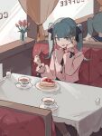  2girls :p absurdres black_ribbon black_sailor_collar booth_seating bottle cafe cake cake_slice cinderella_(vocaloid) collar collared_shirt commentary cup dual_persona ear_piercing facial_mark flower food food_on_face fork frilled_collar frills hair_ornament hair_ribbon hatsune_miku heart heart_hair_ornament highres holding holding_fork indoors looking_at_viewer medium_hair mikuni144 multiple_girls neck_ribbon piercing pink_shirt red_flower restaurant ribbon sailor_collar saucer shirt signature sitting spoon symbol-only_commentary table teacup tongue tongue_out tulip twintails upper_body vampire_(vocaloid) vase vocaloid wrist_ribbon 