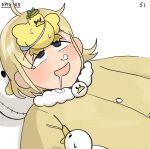  1girl bag bird blonde_hair bottle_cap clumsy_nun_(diva) diva_(hyxpk) drooling duck duckling empty_eyes frog_headband fur-trimmed_pajamas highres nose_bubble numbered original pajamas pillow simple_background sleeping sleeping_with_eyes_open sweatdrop yellow_pajamas 