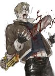  1boy bleeding blood blood_from_mouth blood_on_clothes blood_on_face blood_on_hands blood_on_weapon blue_eyes brown_hair brown_jacket chainsaw curtained_hair death deep_wound dying eyes_visible_through_hair fingerless_gloves gloves guro impaled injury jacket leon_s._kennedy male_focus midriff_peek mrs.yega_(nai0026er) murder pale_skin resident_evil resident_evil_4 resident_evil_4_(remake) short_hair solo surprised weapon wide-eyed 