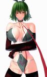  1girl absurdres alternate_costume ass_visible_through_thighs bad_shadow bare_shoulders blush breasts closed_mouth collar commentary_request contrapposto covered_navel cowboy_shot embarrassed enmimontoria furrowed_brow green_hair hair_between_eyes highres kazami_yuuka large_breasts leash looking_to_the_side red_eyes short_hair simple_background solo textless_version touhou viewer_holding_leash white_background 