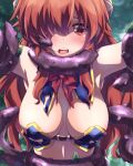 1girl blush bow bowtie breasts brown_horns cleavage commentary_request crisis_management_form_(machimazo) curled_horns demon_girl demon_horns galleon-joe hair_over_one_eye horns large_breasts looking_at_viewer machikado_mazoku open_mouth red_bow red_bowtie red_eyes red_hair restrained solo tears teeth tentacles torn_bowtie torn_clothes upper_teeth_only yoshida_yuuko_(machikado_mazoku) 