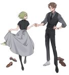  2boys black_necktie black_pantyhose black_shirt black_vest brown_eyes brown_footwear brown_hair clothes_lift dancing double-parted_bangs dragon_boy dragon_tail full_body green_hair grey_shirt grey_skirt hana_(adey) hand_on_own_hip henry_(adey) highres holding_hands looking_at_another medium_hair multiple_boys necktie original otoko_no_ko pantyhose parted_bangs prosthesis prosthetic_leg shirt shoes shoes_removed short_hair skirt skirt_lift spiked_hair standing tail ten_(lu2948d) vest watch white_background wristwatch 