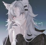  1girl animal_ear_fluff animal_ears arknights at_wang grey_eyes grey_hair hair_ornament hairclip hand_up highres jacket lappland_(arknights) long_sleeves open_clothes open_jacket scar scar_across_eye single_bare_shoulder solo upper_body wolf_ears 