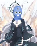  1girl ahoge animal_ears assault_rifle balaclava blue_archive blue_eyes breasts cleavage dress explosion expressionless gloves grey_hair gun halo hoshino_ouka long_hair looking_at_viewer mask medium_breasts rifle shiroko_(blue_archive) shiroko_terror_(blue_archive) sig_556 sig_sauer simple_background solo thighhighs very_long_hair weapon wolf_ears 