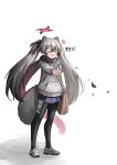  1girl :3 :d absurdres alternate_costume animal_ear_fluff animal_ears blue_archive brown_eyes casual closed_eyes eyeshadow full_body gradient_hair grey_background grey_hair hair_between_eyes halo hand_fan happy highres hood hooded_sweater kimsuwan2013 kuji-in long_hair long_sleeves looking_at_viewer makeup michiru_(blue_archive) multicolored_hair pleated_skirt raccoon_ears raccoon_girl raccoon_hair_ornament raccoon_tail red_eyeshadow shorts sidelocks simple_background skirt smile solo sweater tail thick_eyebrows twintails white_sweater 