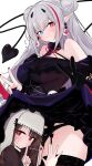  2girls absurdres black_panties body_writing c-ms_(girls&#039;_frontline) c-ms_(to_matka_joanna)_(girls&#039;_frontline) clothes_lift cowboy_shot demon_tail double_bun double_v dress earrings eyeball_earrings finger_to_mouth garter_belt girls&#039;_frontline gloves grey_hair hair_bun halloween halloween_costume head_under_skirt heterochromia highres index_finger_raised jewelry lace-trimmed_panties lace_trim lifted_by_self long_hair mdr_(ghost_trap)_(girls&#039;_frontline) mdr_(girls&#039;_frontline) multicolored_clothes multicolored_dress multicolored_hair multiple_girls nail_polish ohichi16 panties pointy_ears single_glove skirt skirt_lift spider_web_print streaked_hair tail under_skirt underwear v vampire 